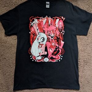 Black Graphic T-Shirt with Red and White Design